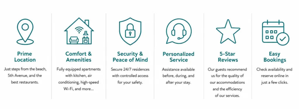 Comfort, location and services for your stay in Playa del Carmen Key features and amenities of our Playa del Carmen vacation apartments