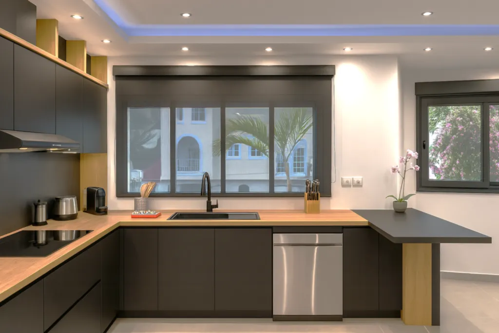 Sleek and modern fully equipped kitchen Modern fully equipped kitchen with sleek cabinetry in Playa del Carmen vacation apartment