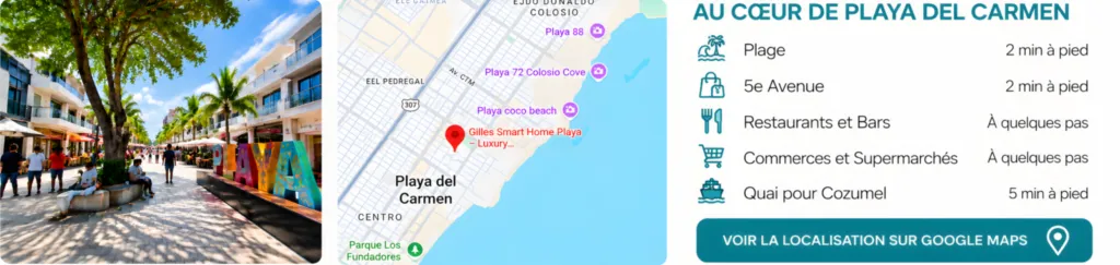 Séjournez au cœur de Playa del Carmen – plage et 5e Avenue à seulement 2 minutes à pied Emplacement idéal au cœur de Playa del Carmen, près de la plage, de la 5e Avenue, des restaurants et commerces